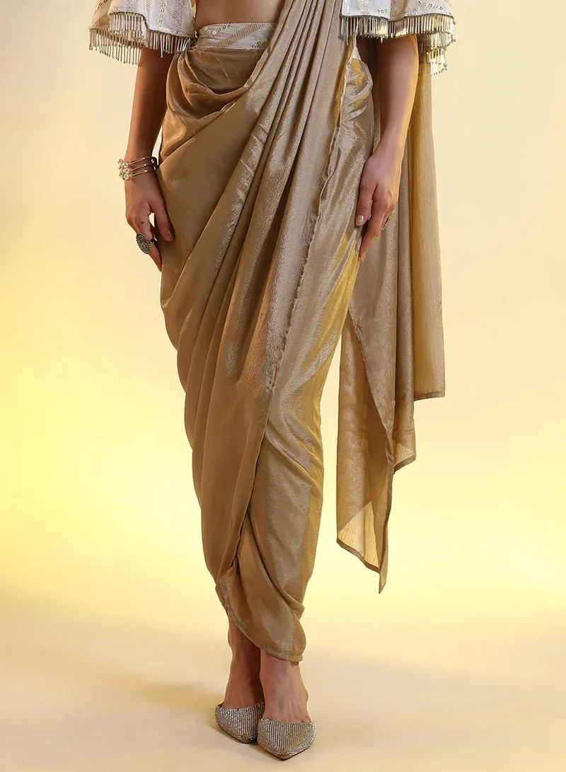 Qissa  Women's French Beige Bijou Cape Pre-Draped Saree For Casual Wear | V-Neck | Cape Sleeves | 1 Piece Pre-Draped Saree Designed With Comfort Fit For Everyday Ethnic Wear for Women | Best Price UAE